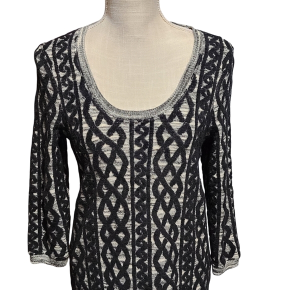 ANTHROPOLOGIE MOTH Black White Wool Blend 3/4 Sleeve Geometric Midi Dress Medium - Picture 3 of 16